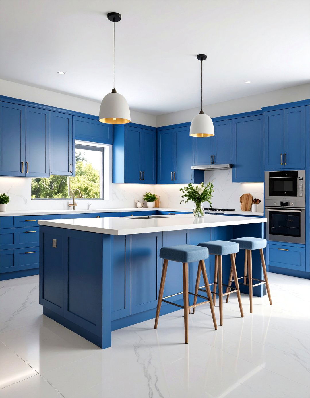 Blue Kitchen Island with White Peninsula and Breakfast Bar - 25 Blue and White Kitchen Ideas