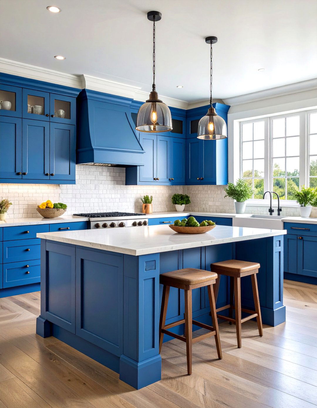 Blue Kitchen Island with White Perimeter and Stone Backsplash - 25 Blue French Country Kitchen Ideas
