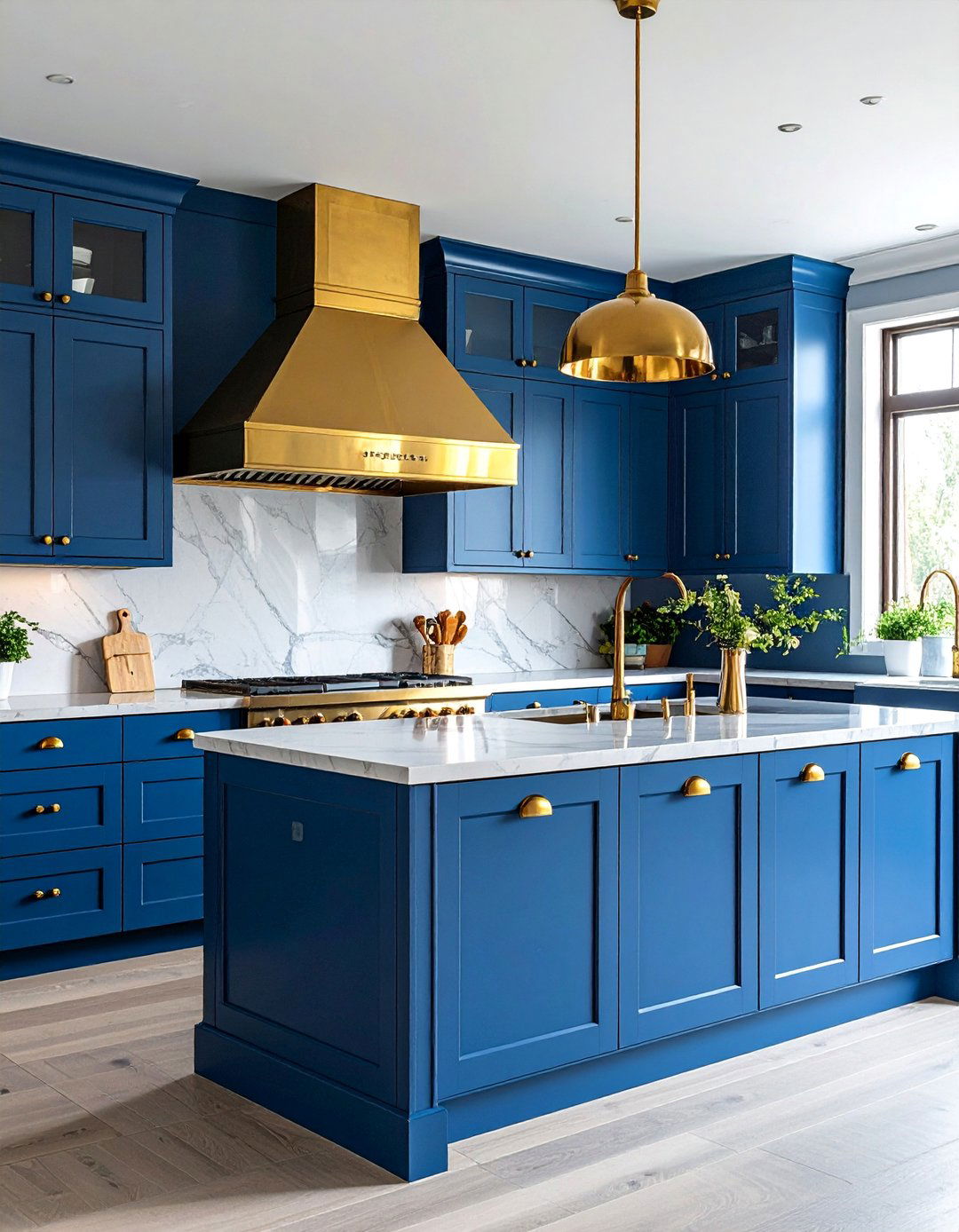 Blue Kitchen with Brass Range Hood - 25 Blue Kitchen Ideas
