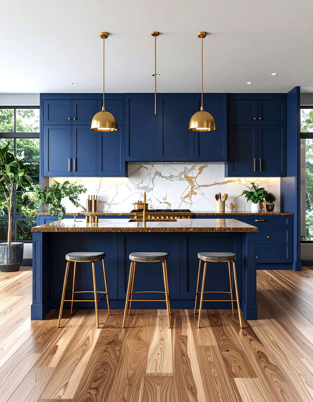 Blue Kitchen with Gold Accents and Brown Granite - 25 blue kitchen cabinets with brown granite countertops