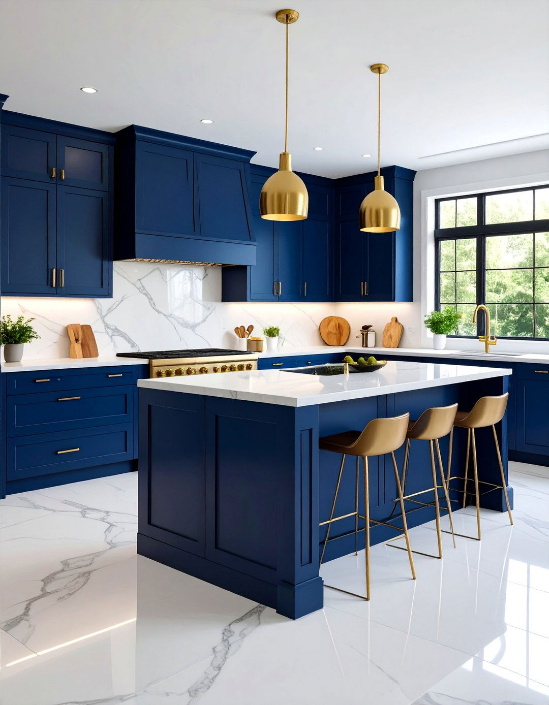 Blue Kitchen with White Marble Countertops and Gold Accents - 25 Blue and White Kitchen Ideas