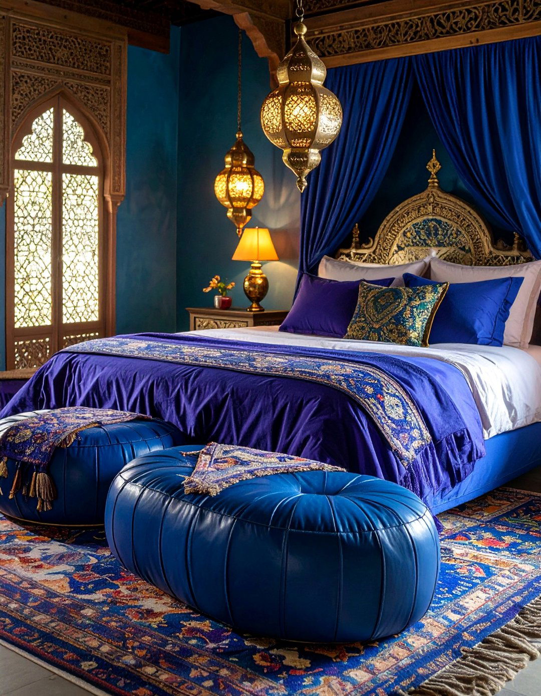 Blue Moroccan Pouf Seating with Purple Embroidered Bedding - 25 Blue and Purple Bedroom Ideas