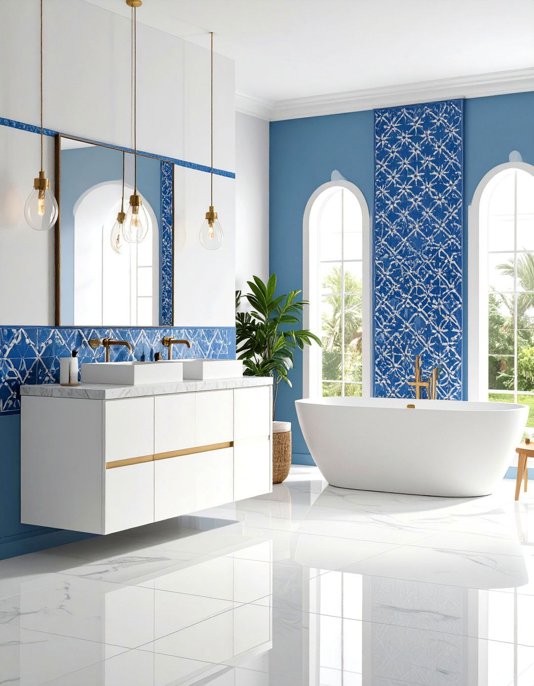 Blue Moroccan Tile Accent Wall - 25 Blue and White Bathroom Ideas