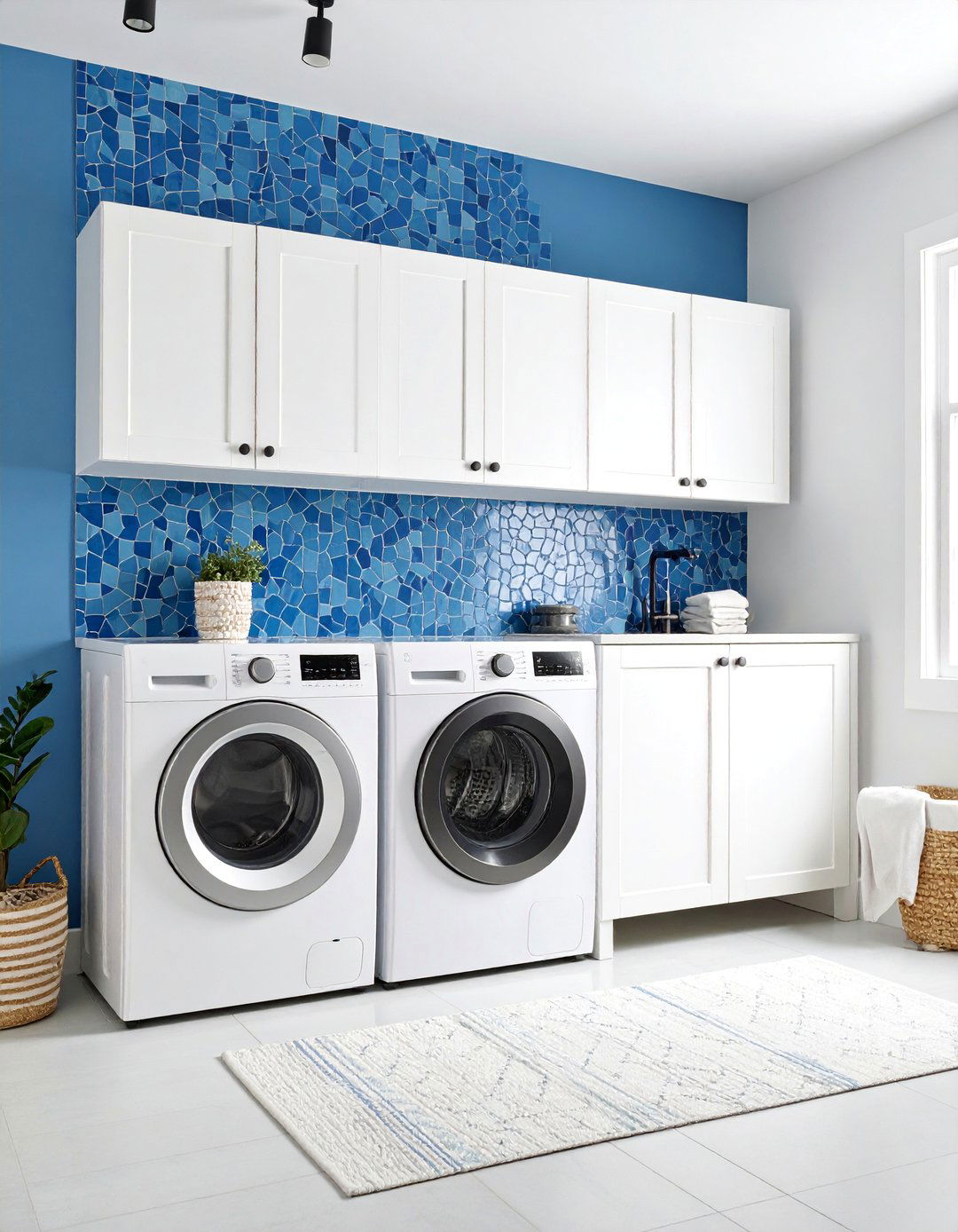 Blue Mosaic Tile Statement Wall - 25 Blue Laundry Room Ideas