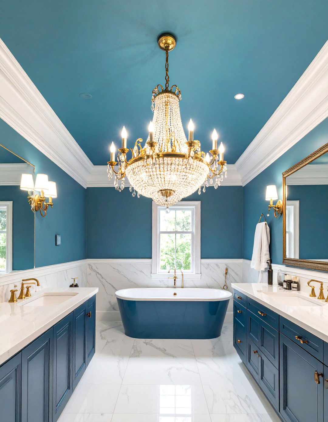 Blue Painted Ceiling with Gold Chandelier - 25 Blue and Gold Bathroom Ideas