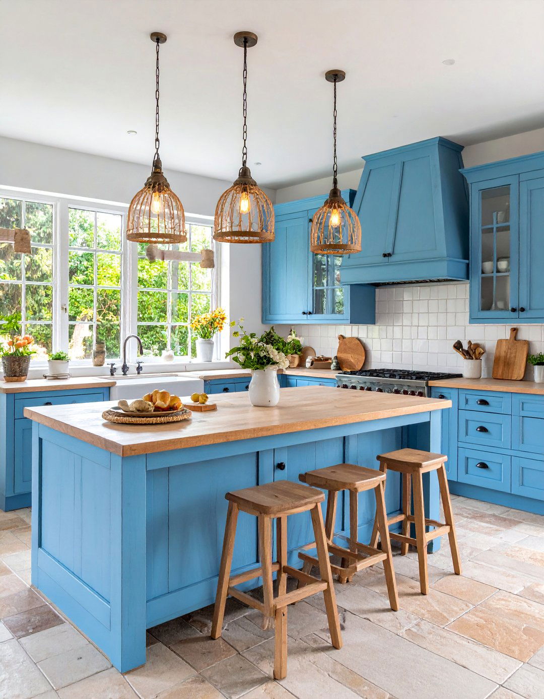 Blue Painted Furniture Style Kitchen with Distressed Finishes - 25 Blue French Country Kitchen Ideas