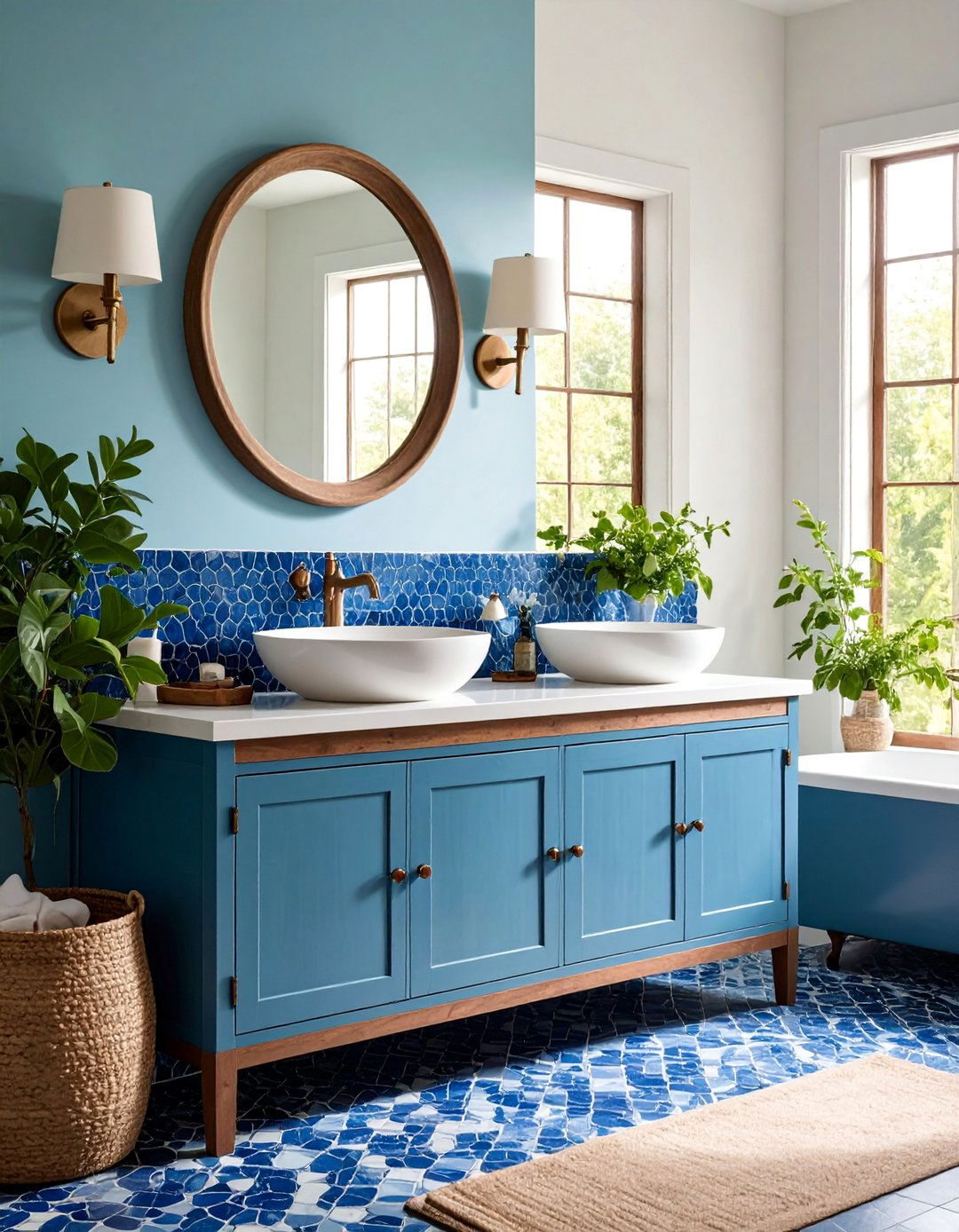Blue Penny Round Tile Backsplashes - 25 Blue Tile Bathroom Ideas