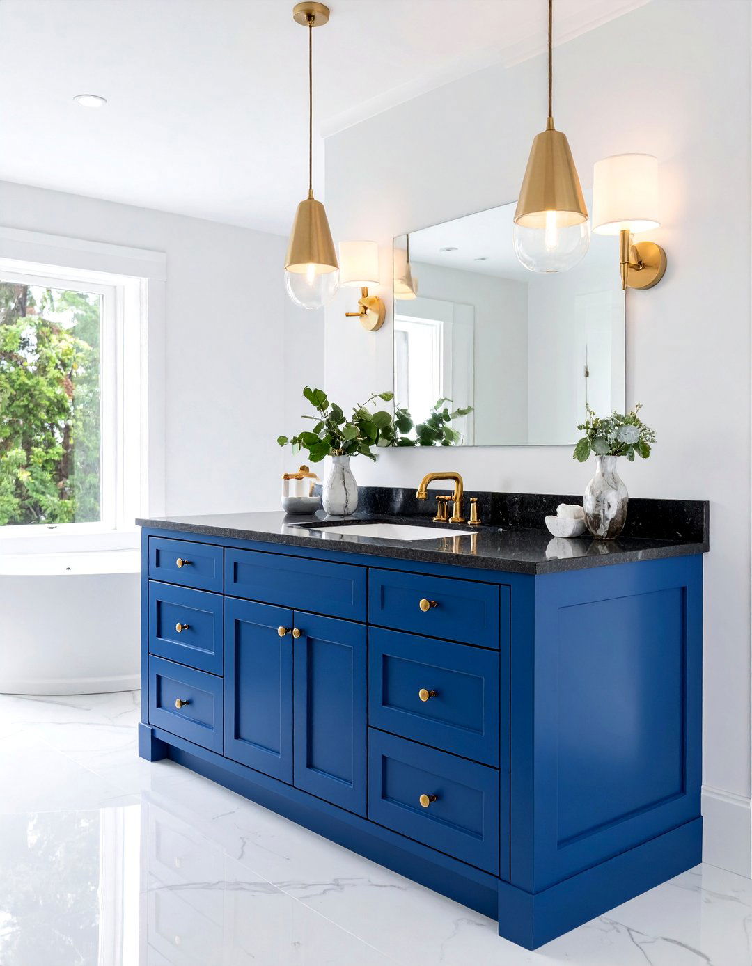 Blue Vanity Island with Black Countertops - 25 black and blue bathroom ideas