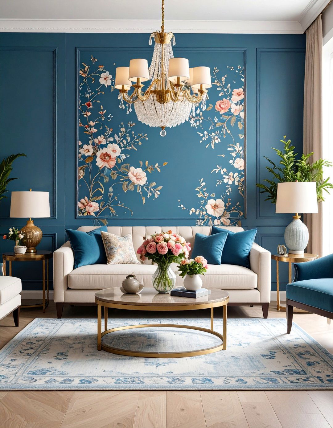 Blue Wallpaper Feature Wall with Floral Patterns - 25 Blue Accent Wall Ideas