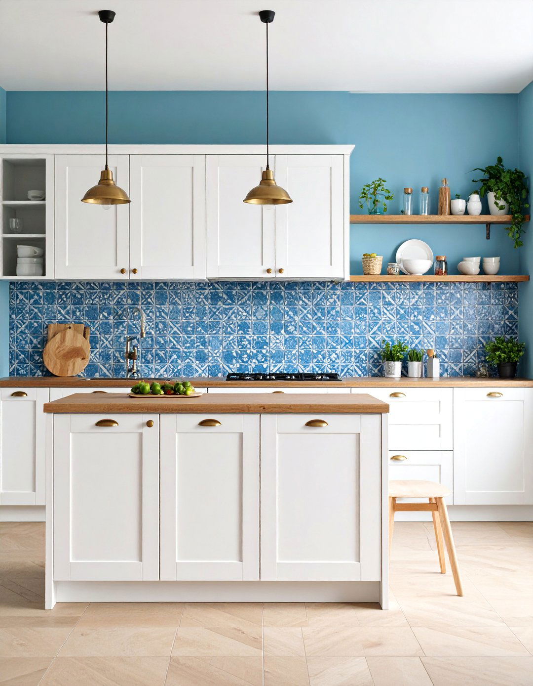 Blue Zellige Tile Kitchen with White Oak Cabinets - 25 Blue and White Kitchen Ideas