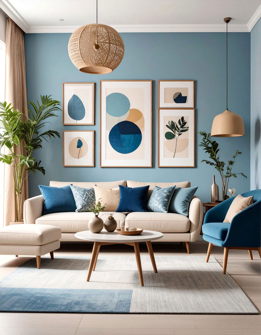 Blue and Beige Gallery Wall Artistic Focus - 25 blue and beige living room ideas