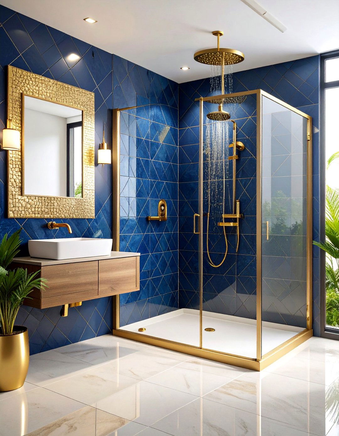 Blue and Gold Mosaic Shower Feature - 25 Blue and Gold Bathroom Ideas