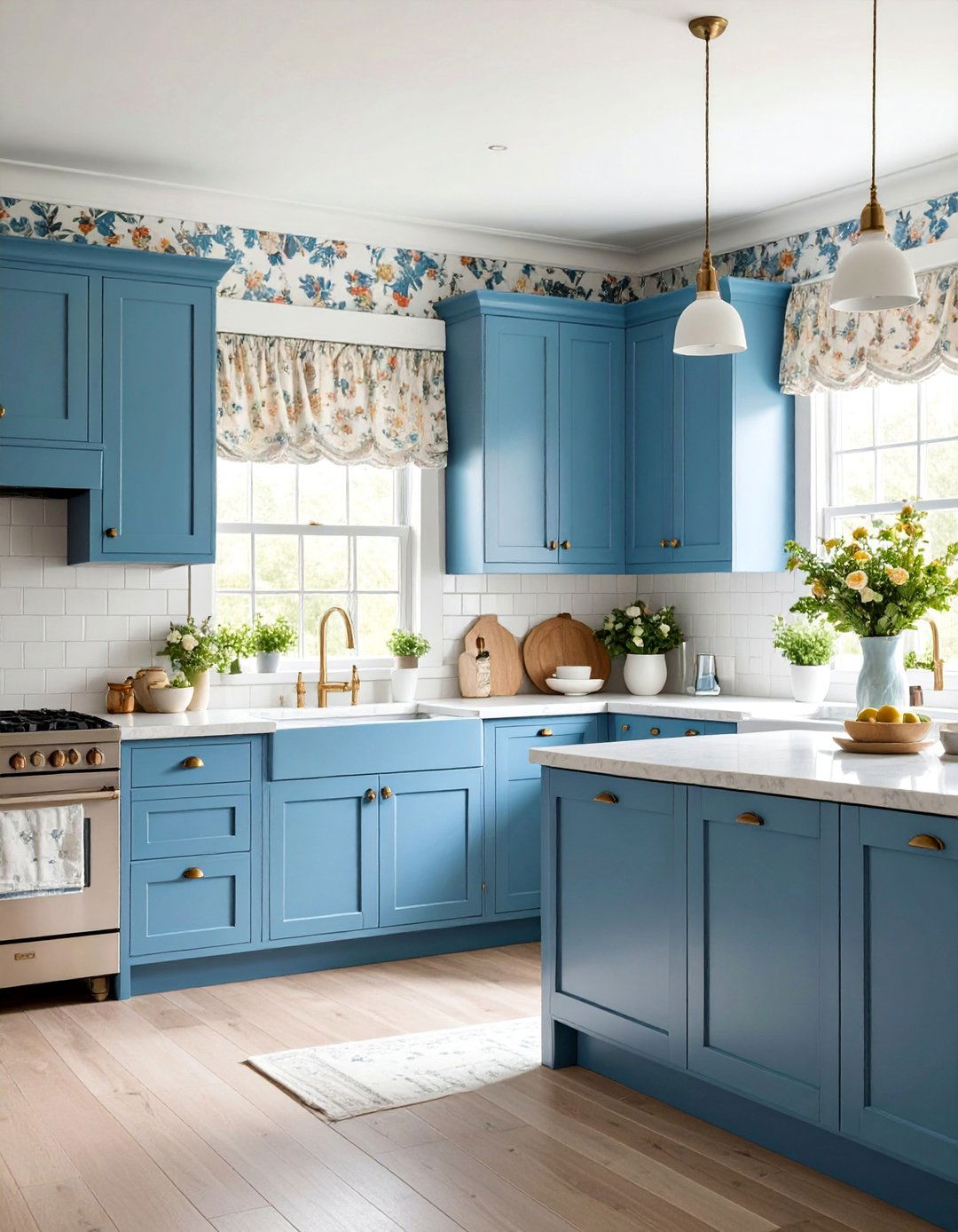 Blue and White Cottage Kitchen with Floral Accents - 25 Cottage Kitchen Ideas