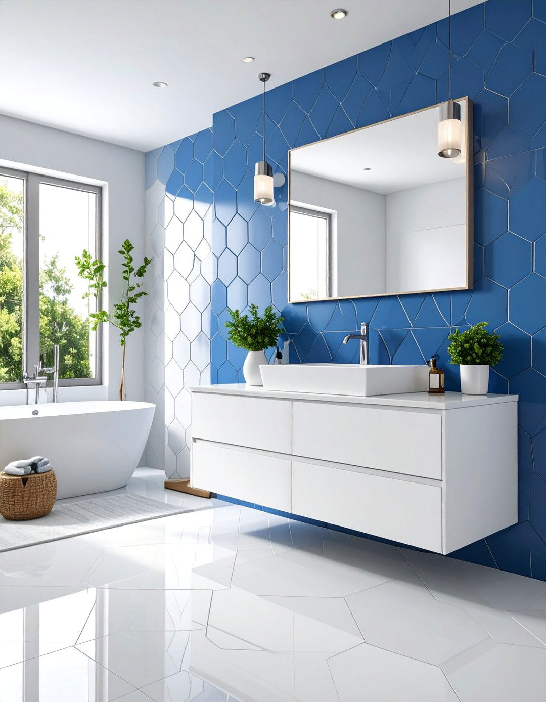 Blue and White Geometric Pattern Design - 25 Blue and White Bathroom Ideas