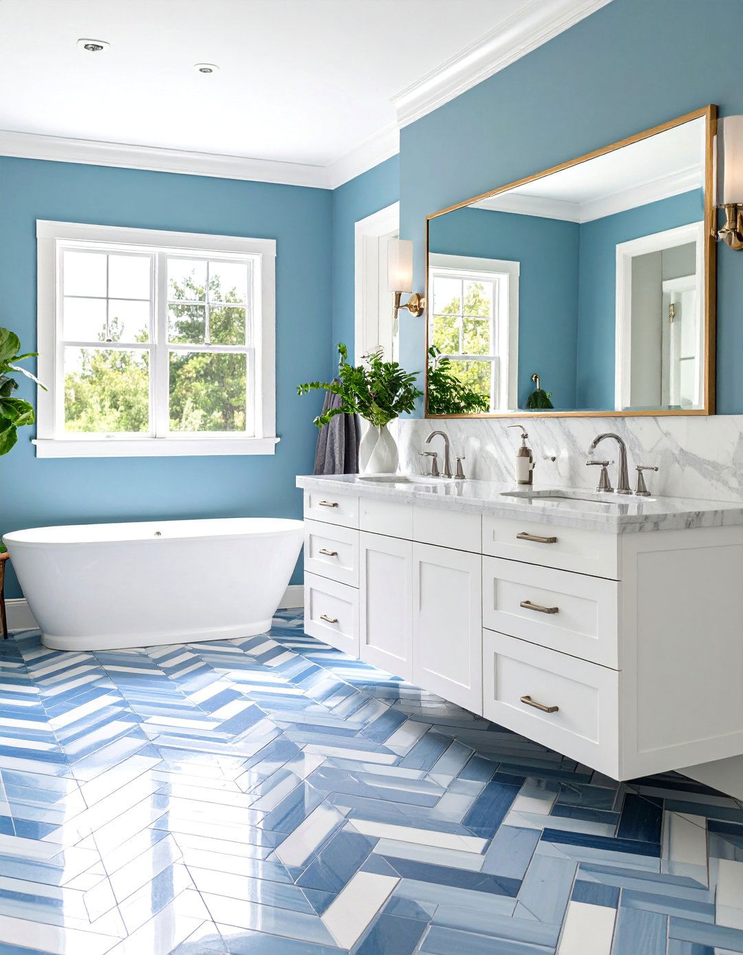 Blue and White Herringbone Pattern - 25 Blue and White Bathroom Ideas