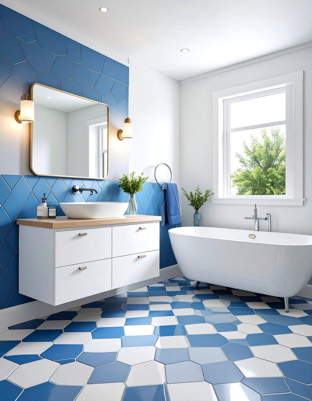 Blue and White Hexagon Tile Design - 25 Blue and White Bathroom Ideas