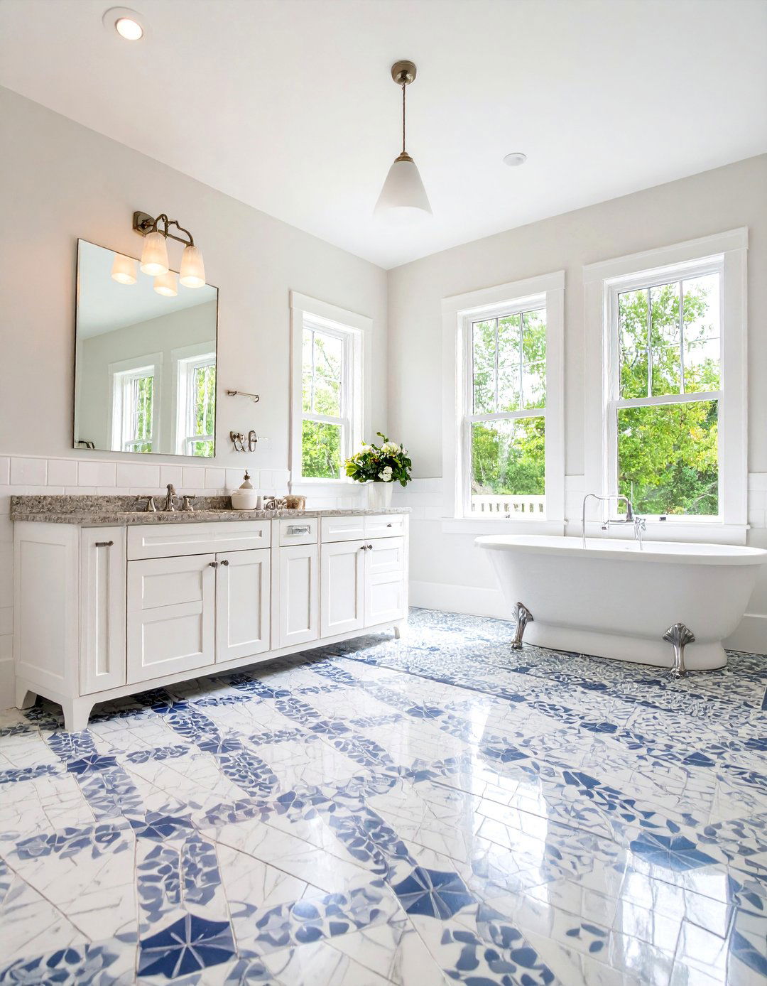 Blue and White Penny Tile Floor - 25 Blue and White Bathroom Ideas