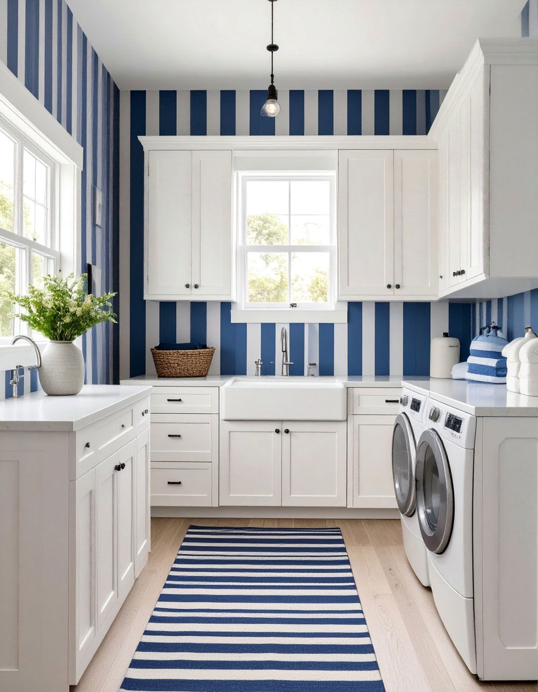 Blue and White Striped Wallpaper Feature Wall - 25 Blue Laundry Room Ideas