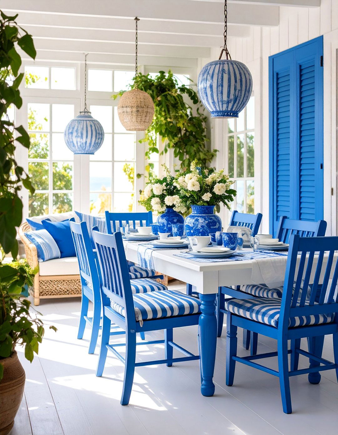 Blue and White Sunroom Dining Room with Coastal Freshness - 25 Sunroom Dining Room Ideas
