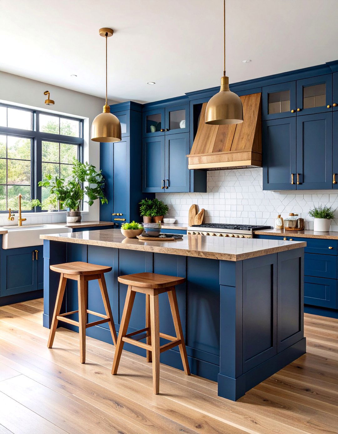 Blue and Wood Two Tone with Brown Granite - 25 blue kitchen cabinets with brown granite countertops