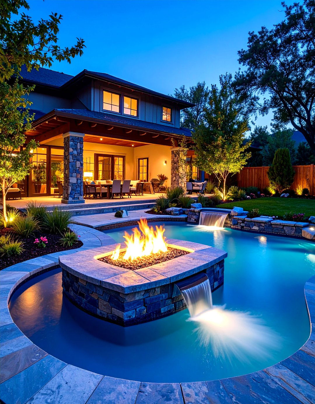 Bluestone Flagstone Fire Pit with Water Feature Integration - 25 Flagstone Fire Pit Ideas