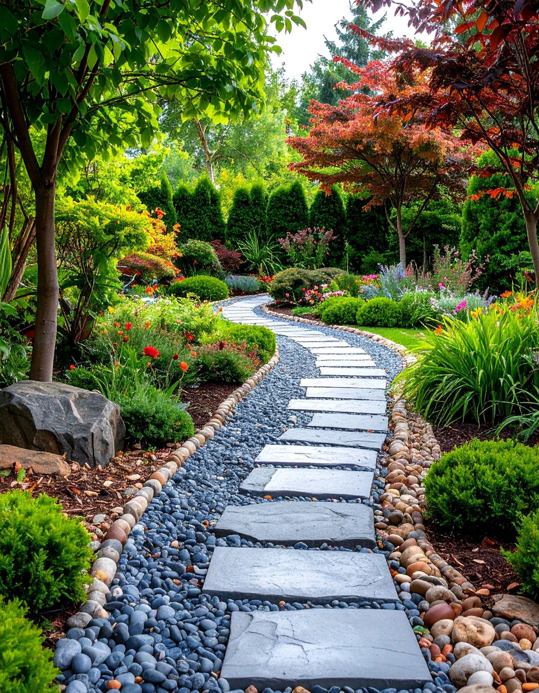 Bluestone Path with Decorative Pebble Borders - 25 Bluestone Walkway Ideas