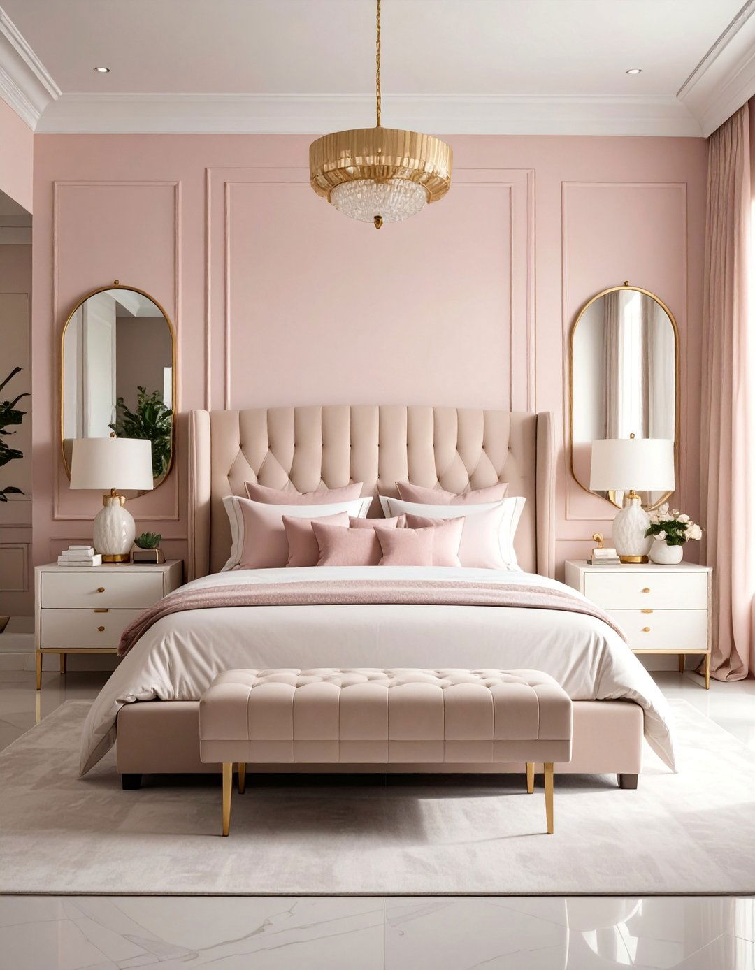 Blush Pink Accent Wall with Metallic Gold Details - 25 Blush Pink Bedroom Ideas