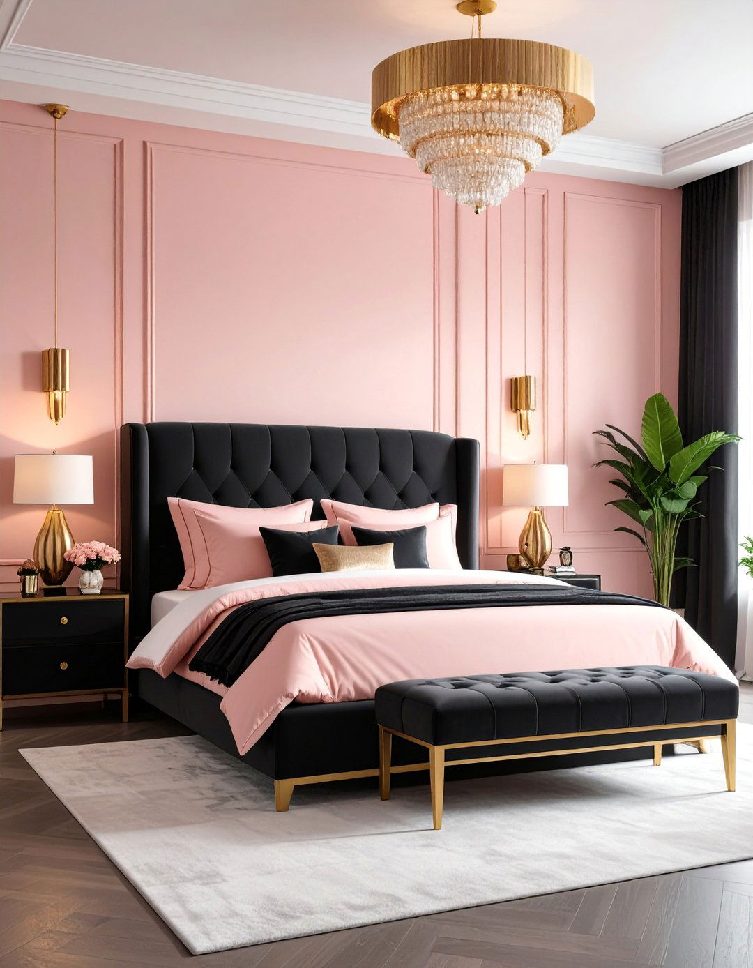 Blush Pink Art Deco Bedroom with Black and Gold Details - 25 Pink Bedroom Ideas