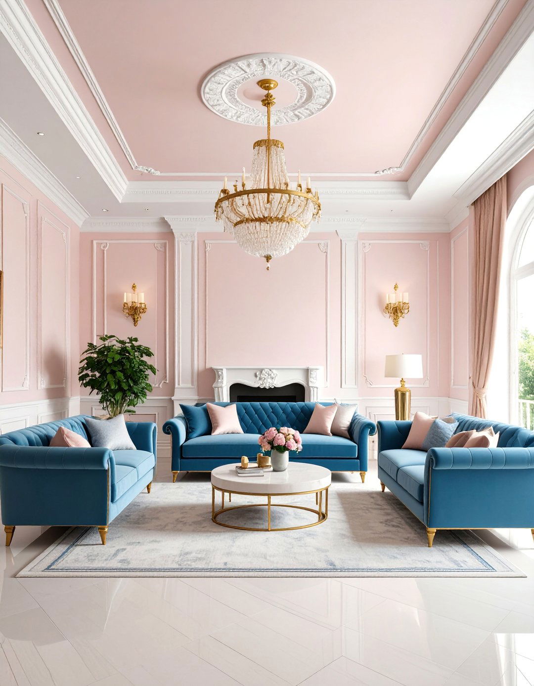 Blush Pink Ceiling with Navy Blue Paneled Walls - 25 Pink and Blue Living Room Ideas