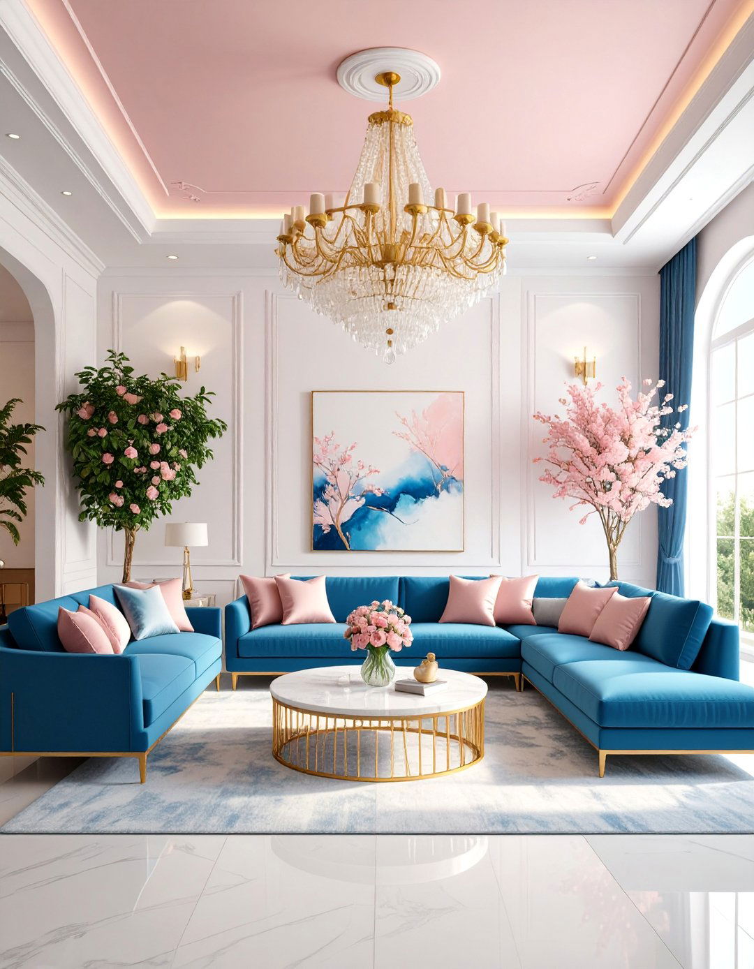 Blush Pink Ceiling with Sapphire Blue Furniture - 25 Pink and Blue Living Room Ideas