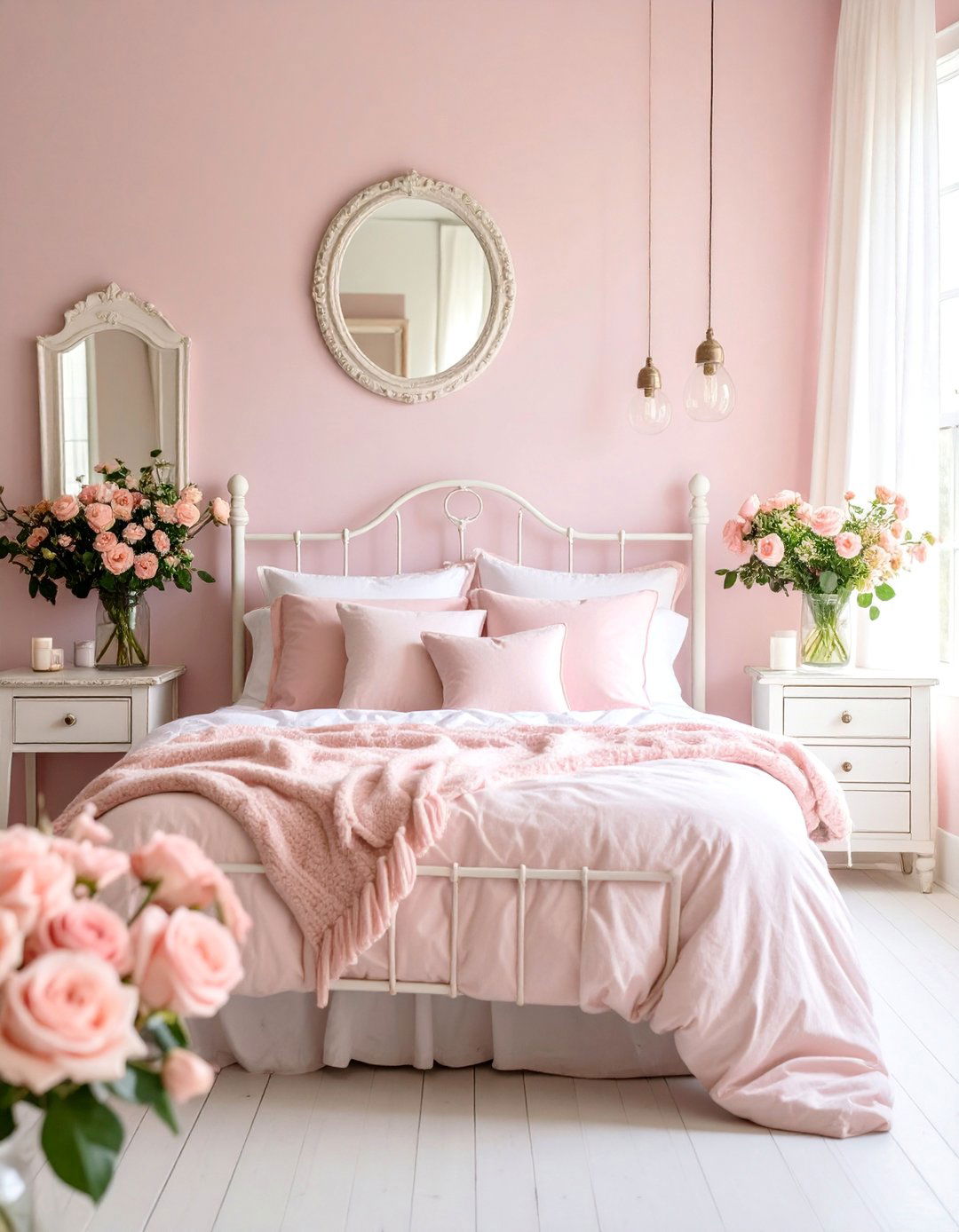 Blush Pink Farmhouse Bedroom with Vintage Charm - 25 Farmhouse Bedroom Ideas