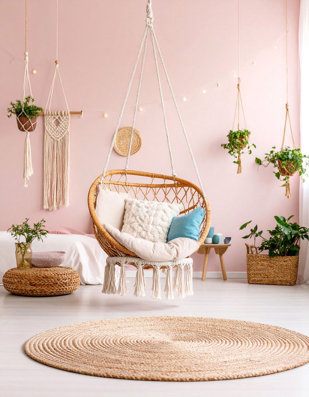 Blush Pink Hanging Chair Retreat - 25 Pink Boho Bedroom Ideas