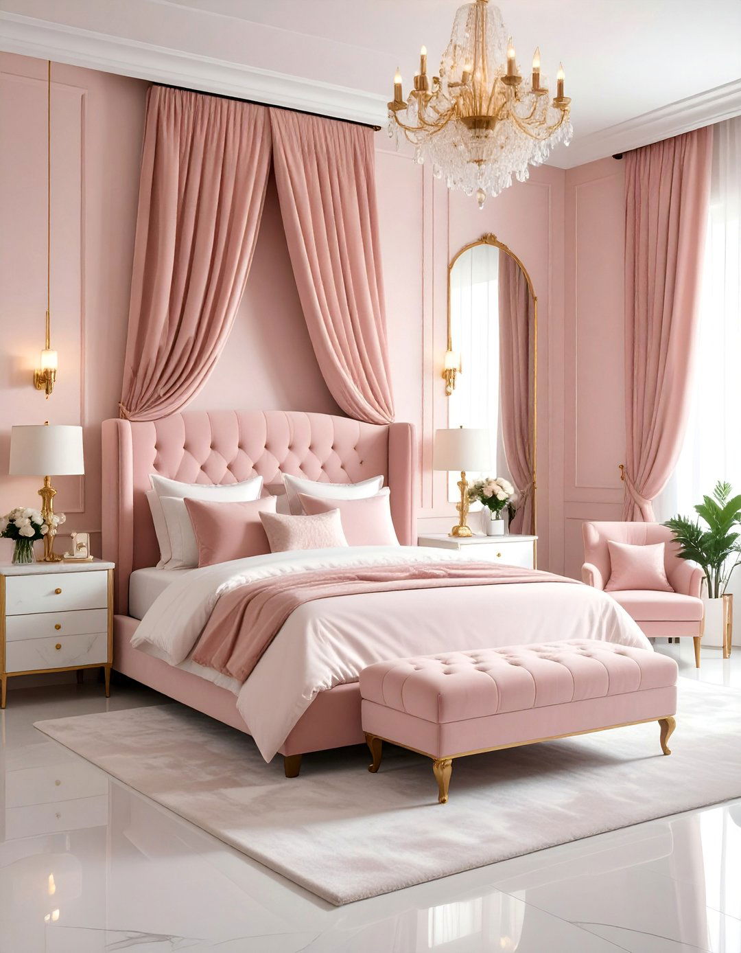 Blush Pink Velvet Bedroom Design with Luxurious Textures - 25 Blush Pink Bedroom Ideas