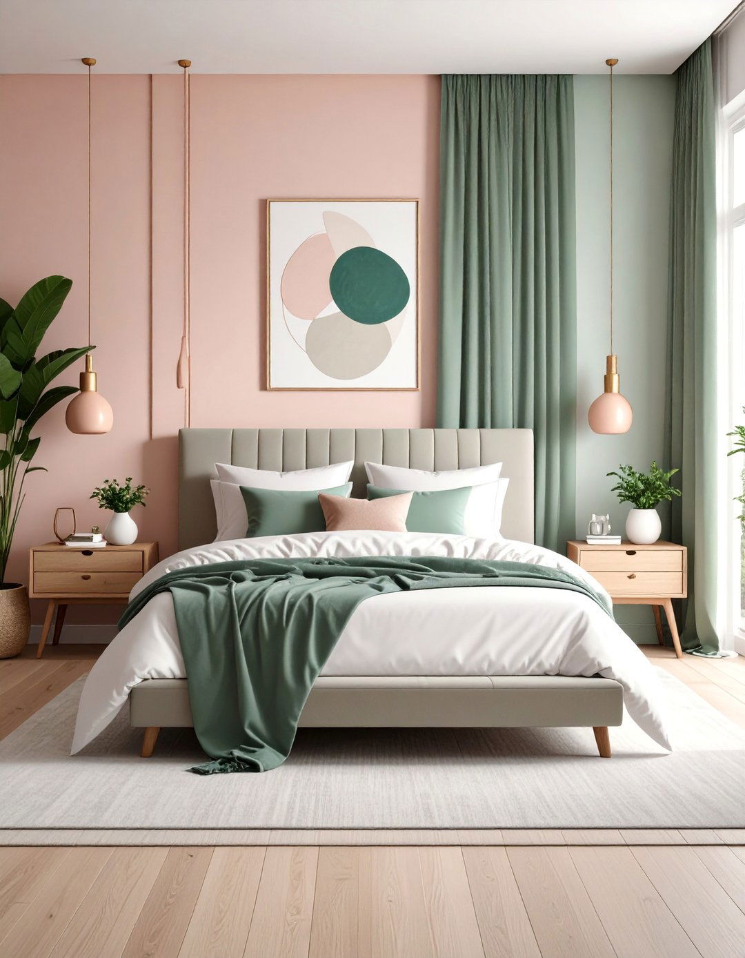 Blush Pink and Sage Green Modern Minimalist Bedroom - 25 Pink and Green Bedroom Ideas