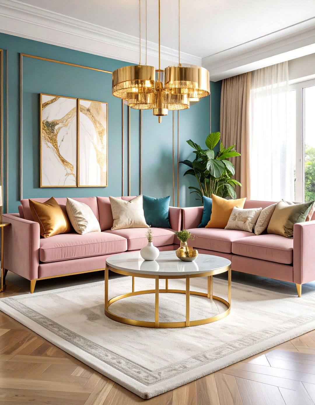 Blush Velvet Sofa with Gold Accents - 25 Pink Couch Living Room Ideas