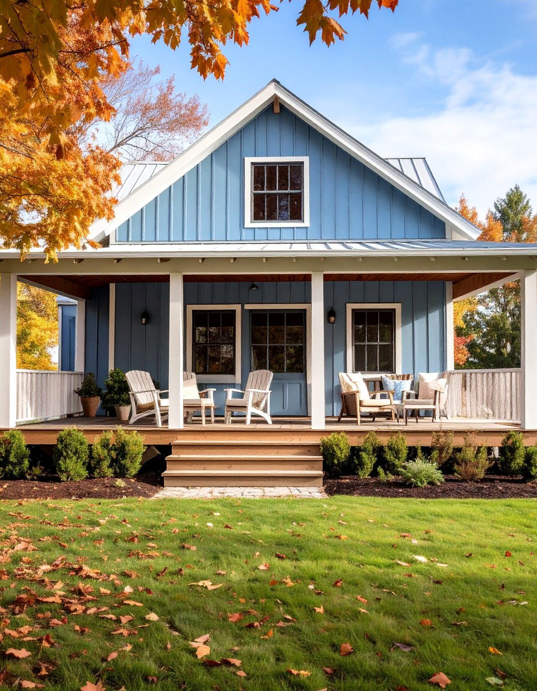 Board and Batten Steel Siding with Wraparound Porch - 25 Barndominium Exterior Ideas