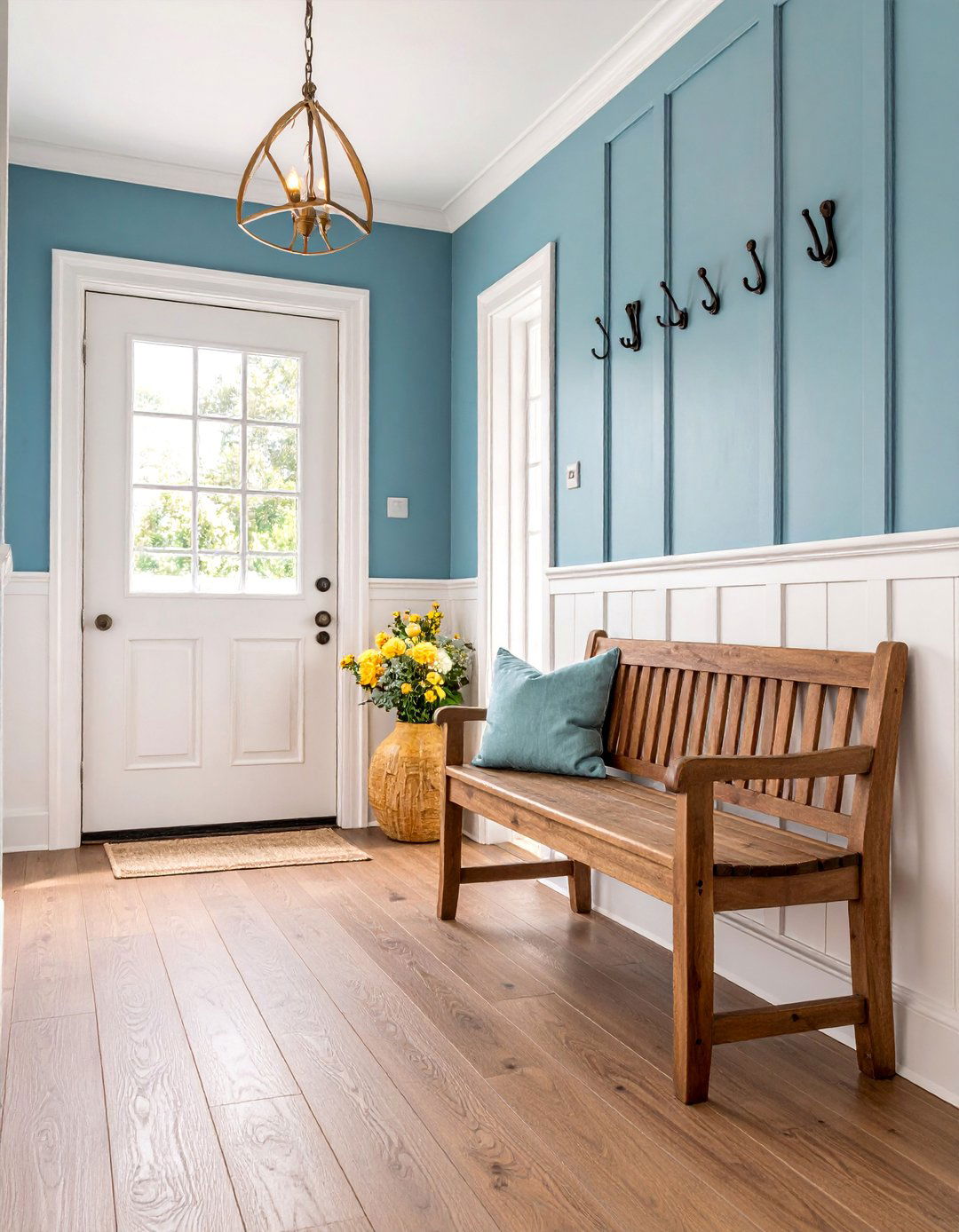 Board and Batten Wainscoting with Hooks - 25 Farmhouse Entryway Ideas