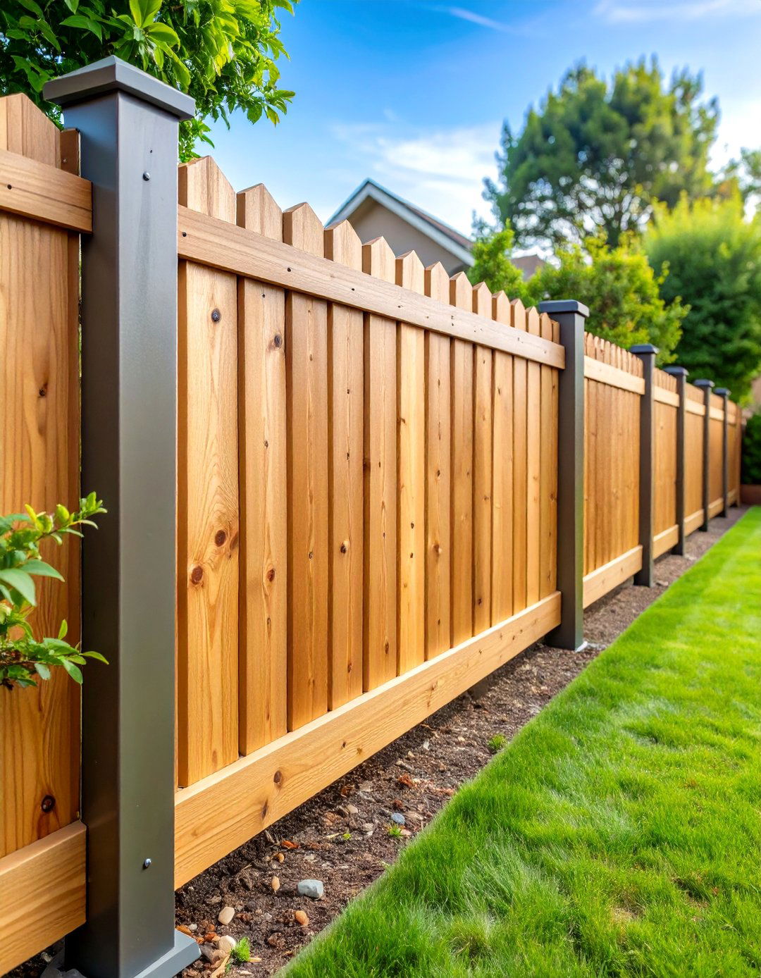 Board on Board Wood with Metal Posts - 25 Metal and Wood Fence