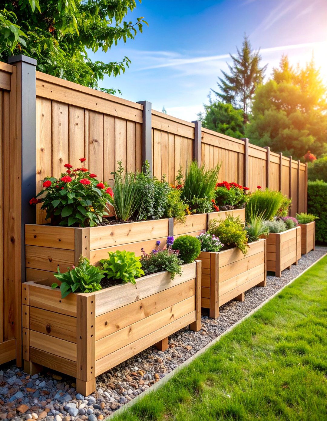 Board on Board with Integrated Planter Boxes - 25 Board on Board Fence Ideas
