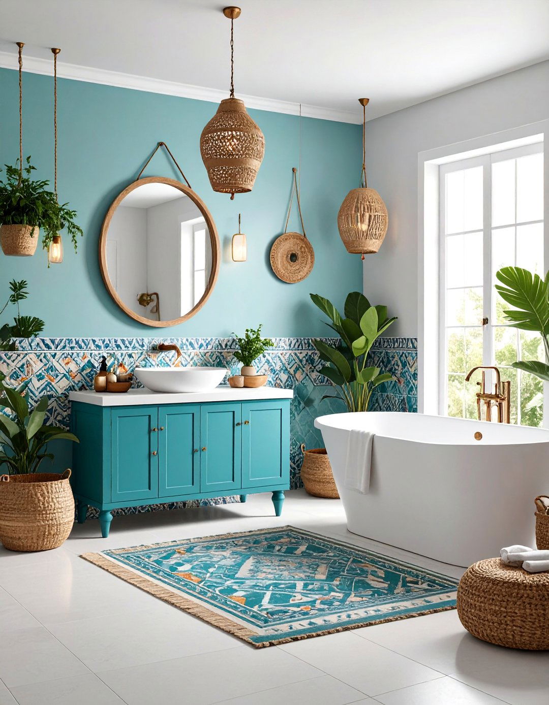 Bohemian Apartment Bathroom with Colorful Tiles and Plants - 25 Apartment Bathroom Ideas