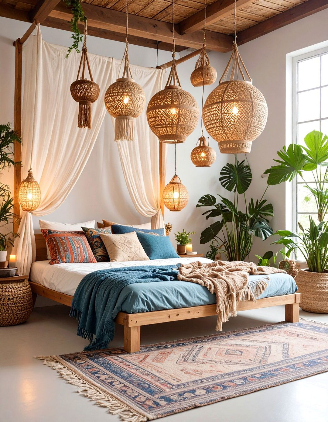 Bohemian Bed Nook with Hanging Textiles and Plants - 25 Bed Nook Ideas
