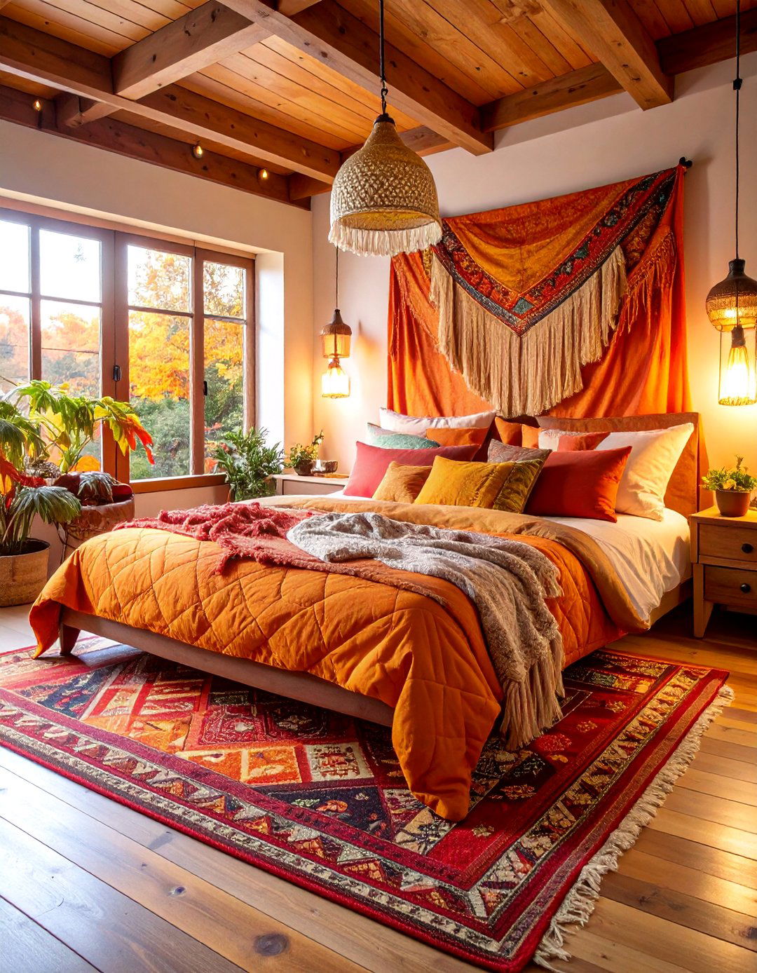 Bohemian Bedroom with Rich Autumn Textures - 25 Fall Decor Ideas