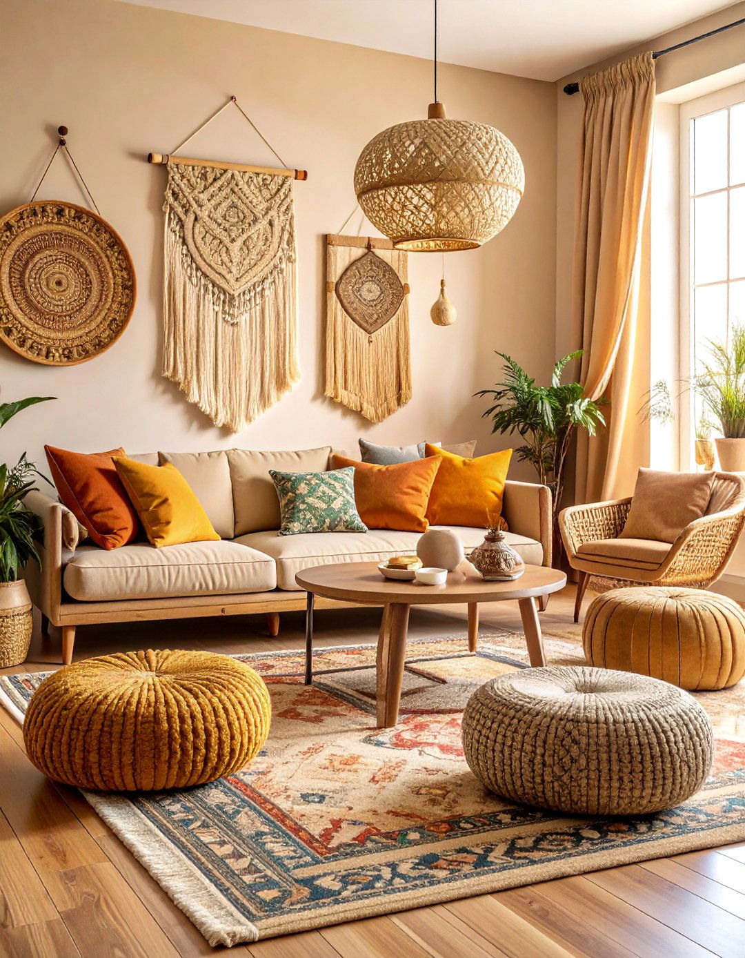 Bohemian Beige Living Room with Global Textiles - 25 Beige Living Room Ideas