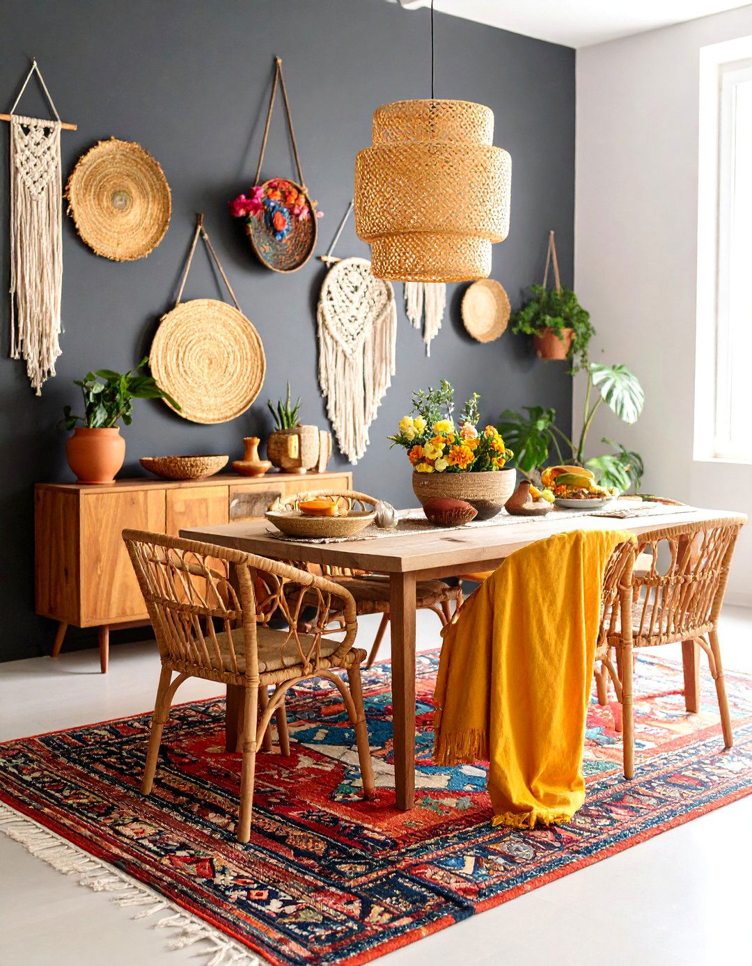 Bohemian Black Backdrop with Textural Layers - 25 Black Accent Wall Dining Room Ideas
