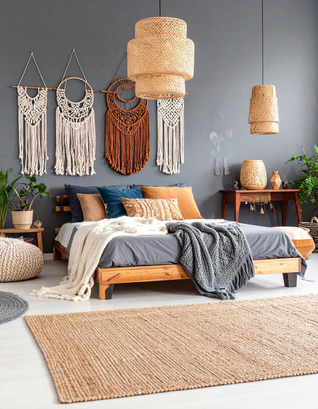 Bohemian Black Bedroom with Brown Macrame and Textiles - 25 Black and Brown Bedroom Ideas