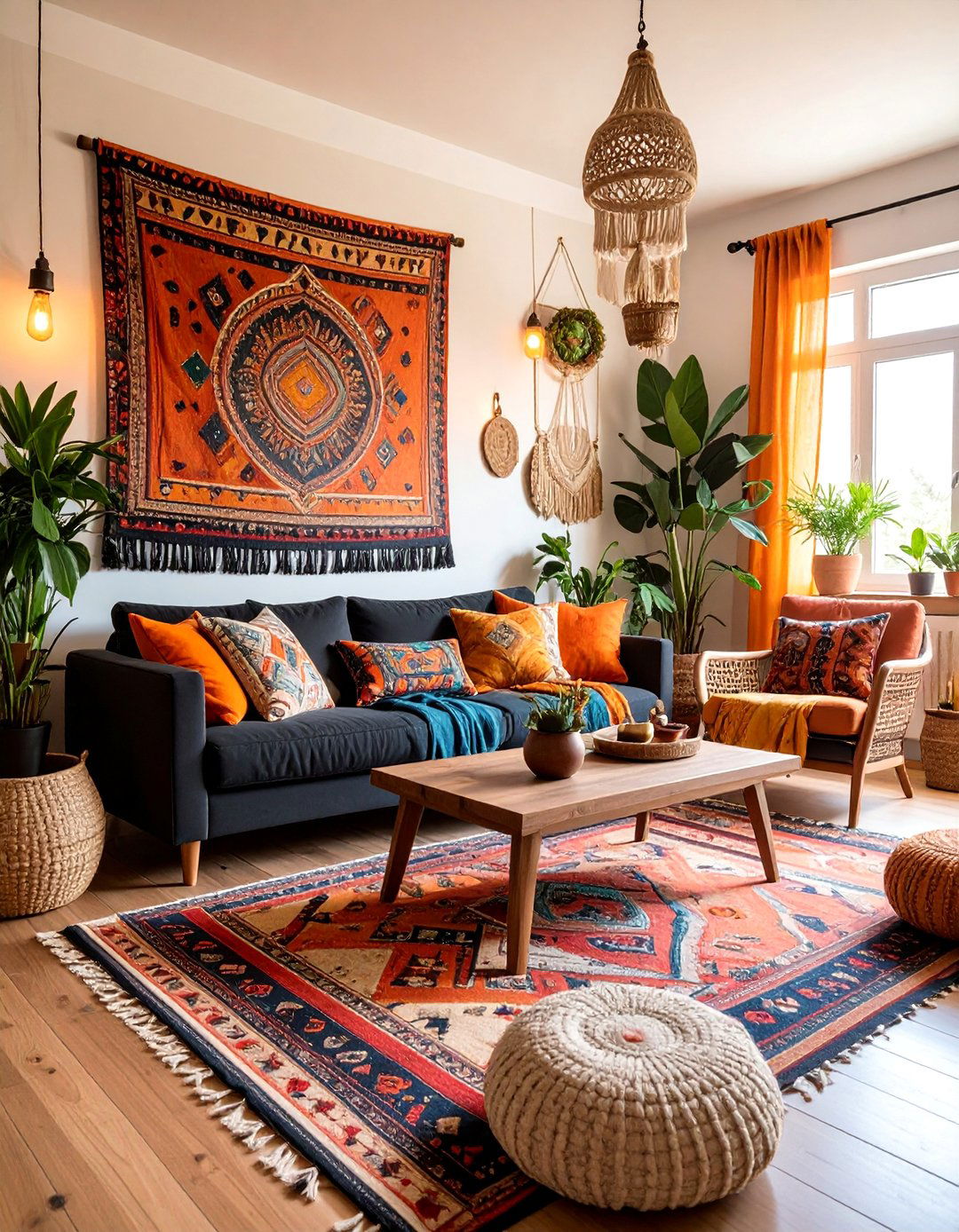 Bohemian Black Living Room with Layered Textiles - 25 Black Living Room Ideas