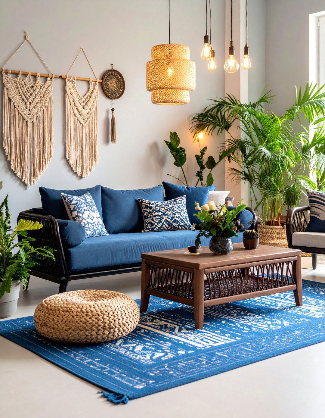 Bohemian Black Rattan with Indigo Textile Layers - 25 Black and Blue Living Room Ideas