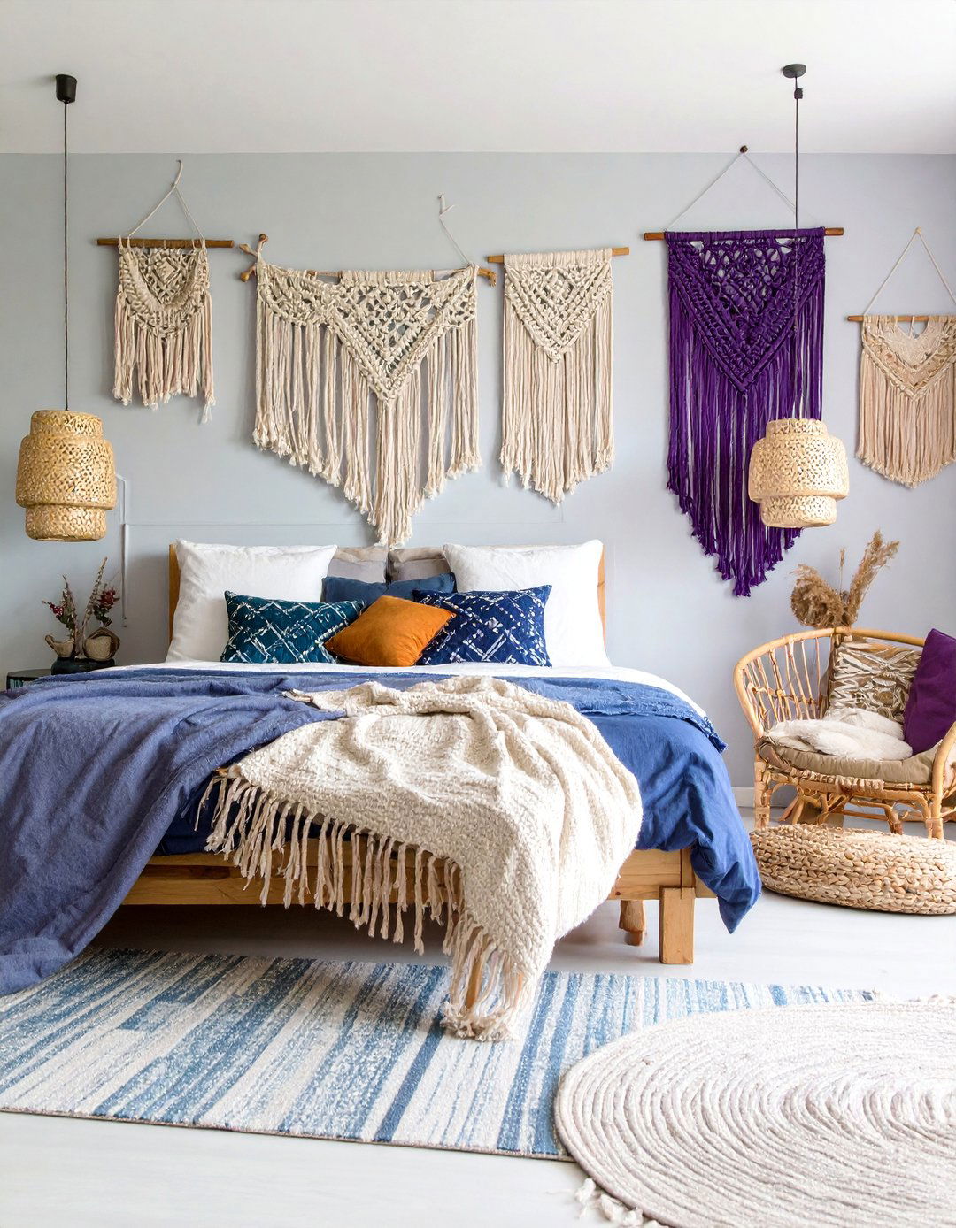 Bohemian Blue and Purple Tapestry Feature Wall - 25 Blue and Purple Bedroom Ideas
