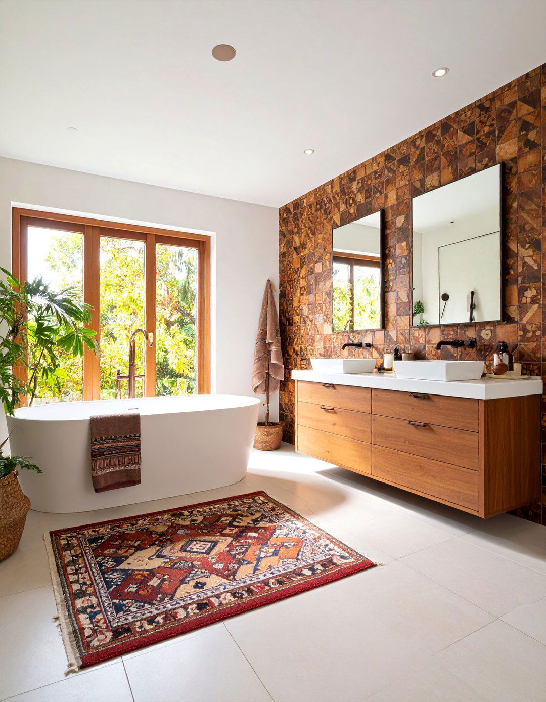 Bohemian Brown Mosaic with White Plaster Walls - 25 Brown and White Bathroom Ideas