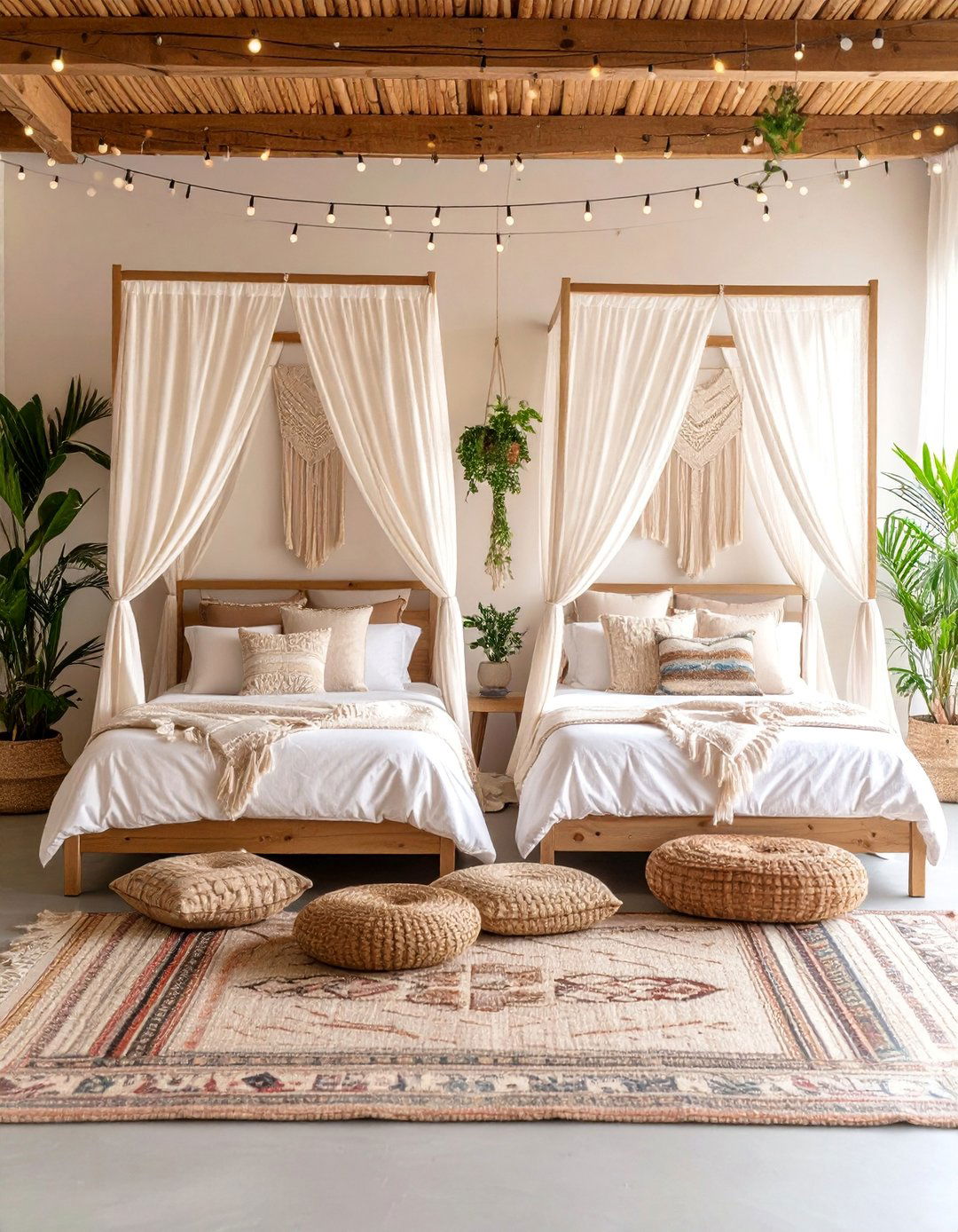 Bohemian Canopy Bed Retreat with String Lights - 25 Boy and Girl Shared Small Room Ideas